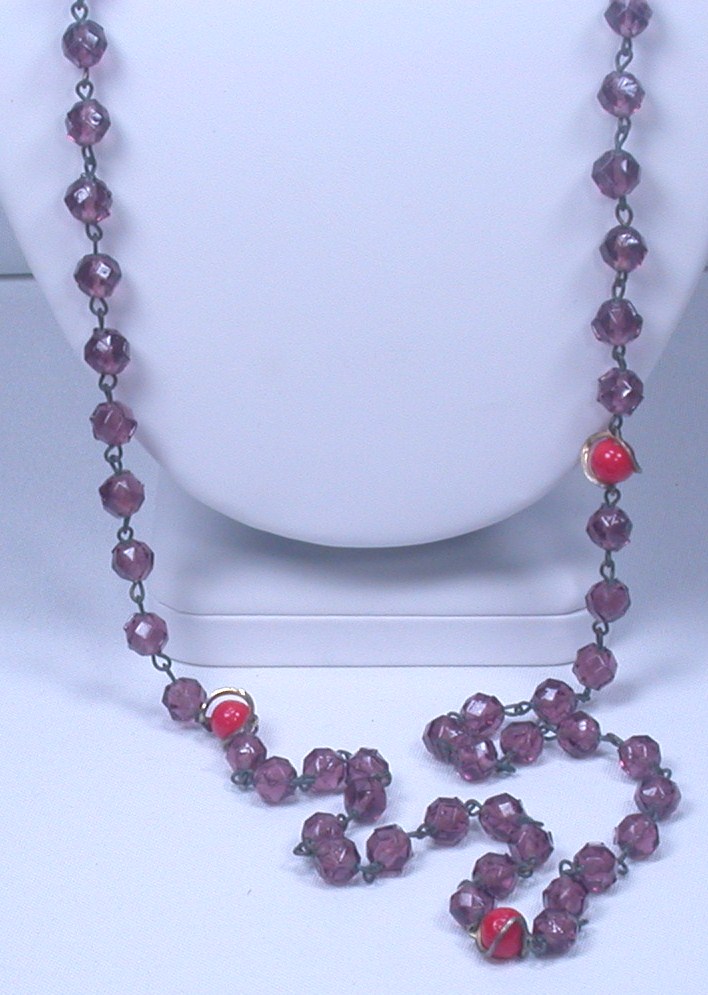 Art Deco Amethyst Crystal & Red Bead Necklace