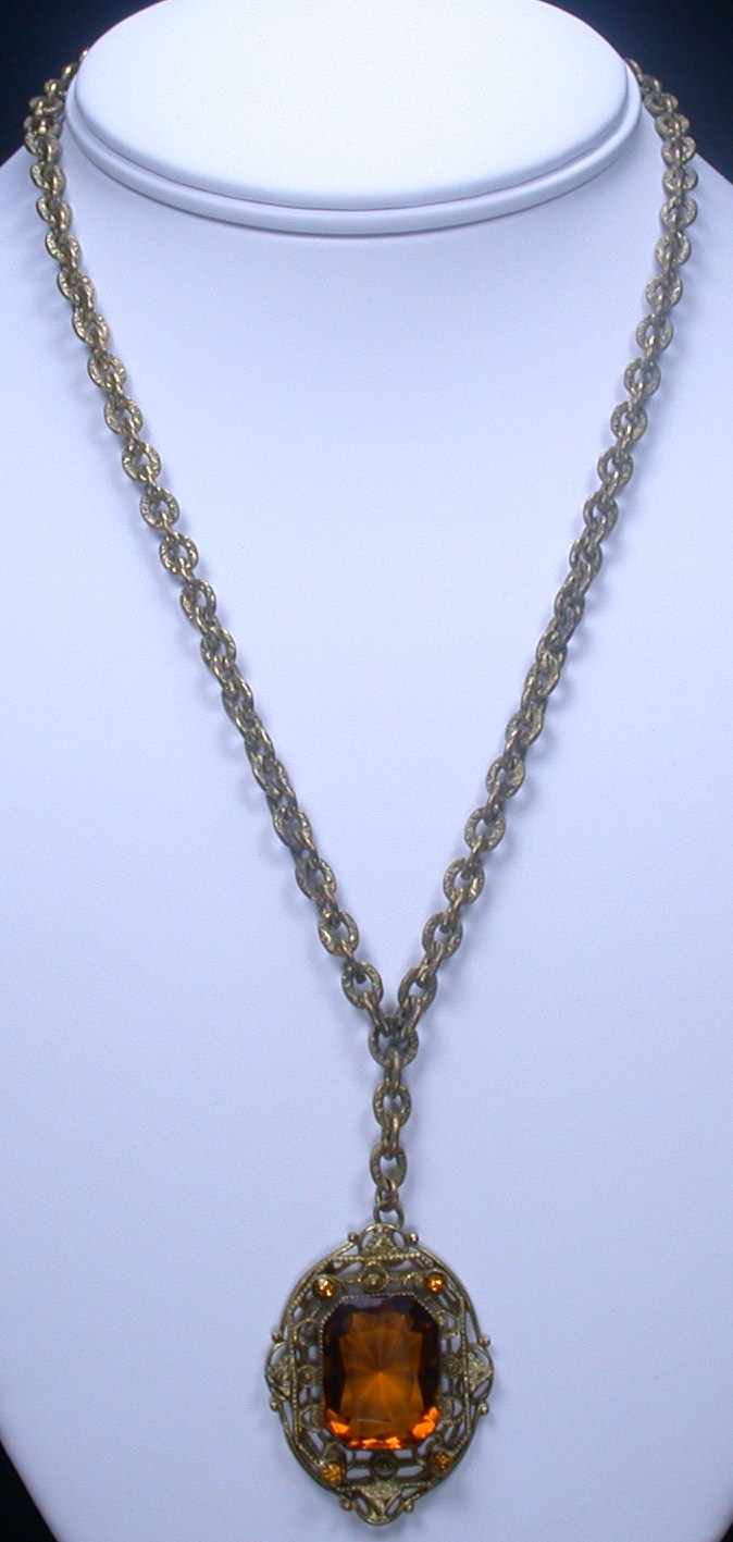Art Deco Topaz & Brass Pendant Necklace